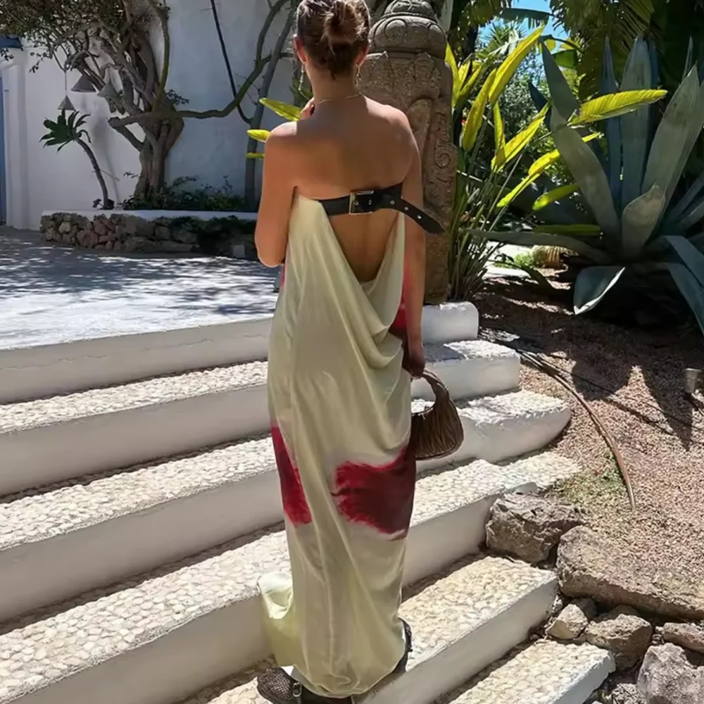 Sexy Strapless Print Floral Belt Women Maxi Dress Yellow Backless Vacation - Picture 4 of 9